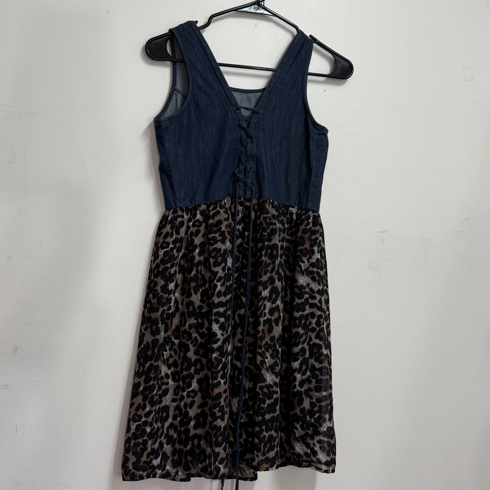 Denim leopard print sleeveless dress tie up dress leopard print dress